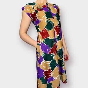 70s tan purple green brick abstract day‎ dress